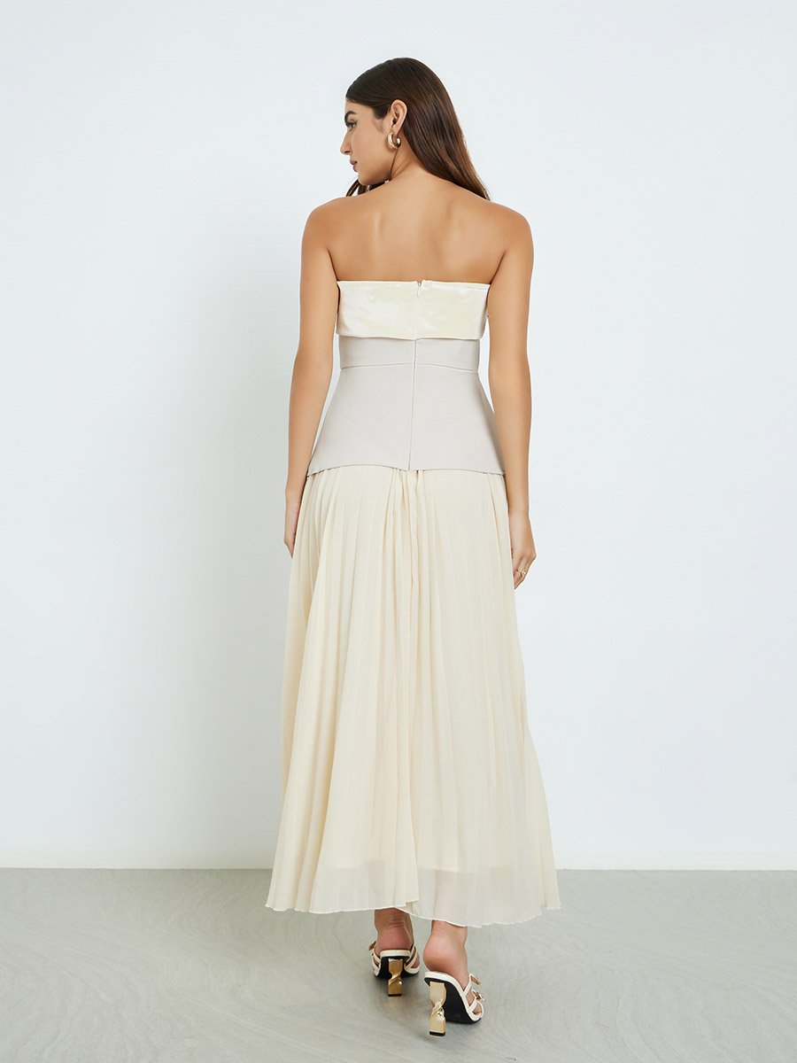 Beige Bandeau Neck Pleated Maxi Dress