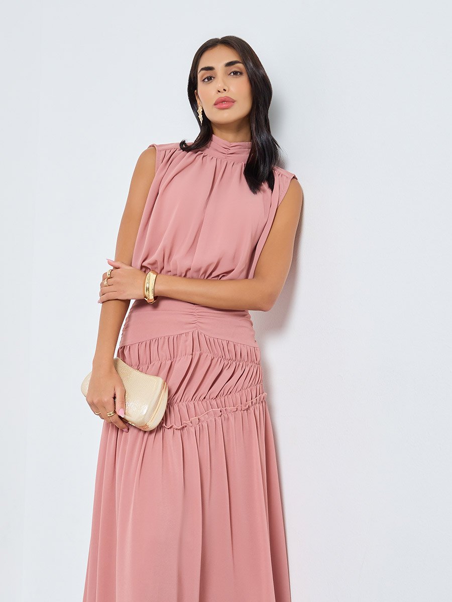 sachin and babi light blue dress ASOS DESIGN racer neck ruched bodice dropped waist maxi dress in light pink
