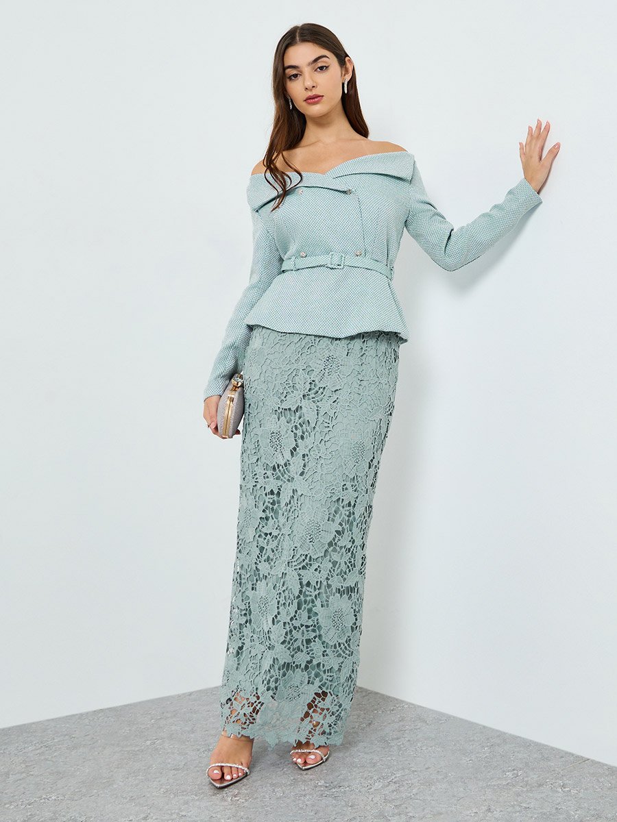 Blue Lace Off-Shoulder Blazer Maxi Dress