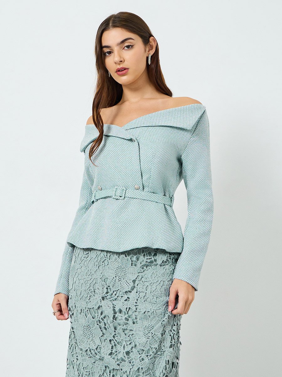 Blue Lace Off-Shoulder Blazer Maxi Dress