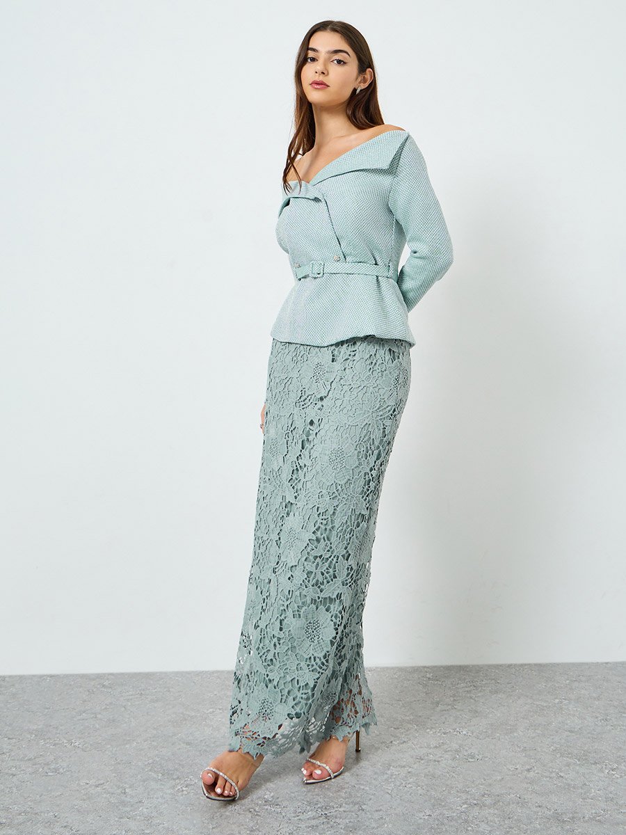 Blue Lace Off-Shoulder Blazer Maxi Dress