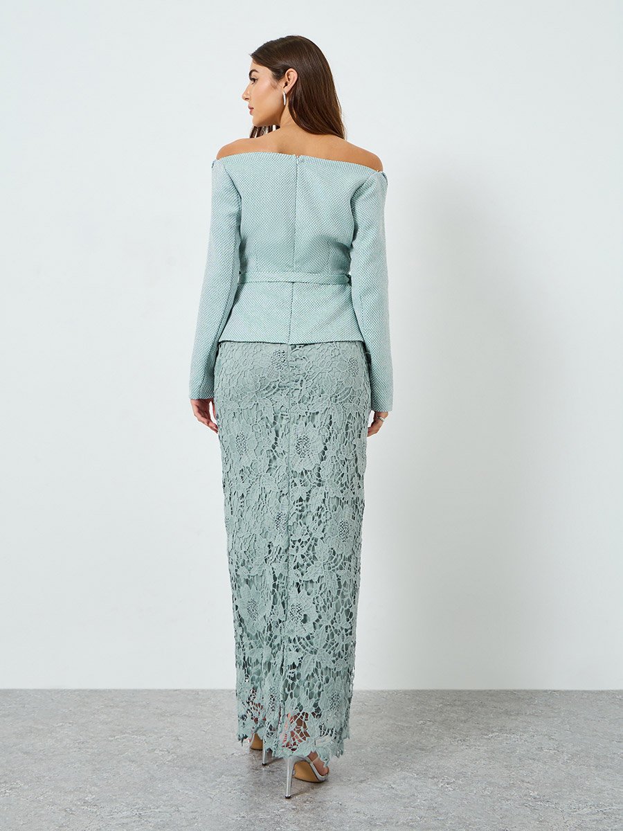 Blue Lace Off-Shoulder Blazer Maxi Dress