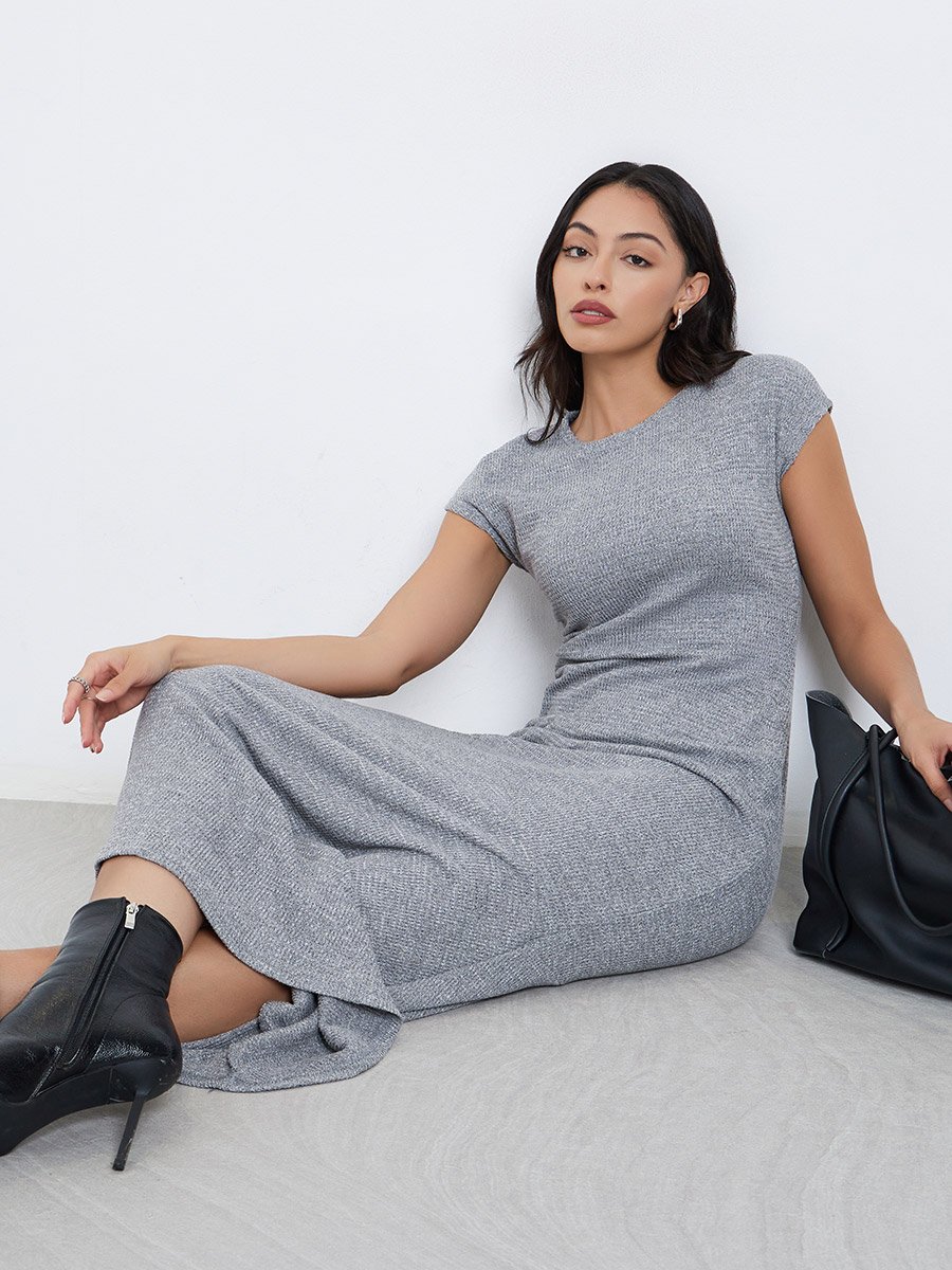 Grey Waffle Knit Maxi Dress with Cap Sleeves For Women at UAE | Styli Grey Waffle Knit Maxi Dress with Cap Sleeves For Women at UAE | Styli