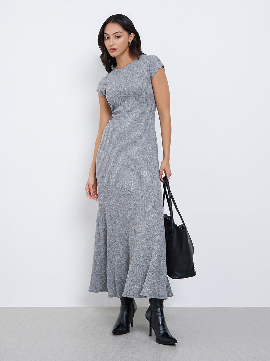 Grey Waffle Knit Maxi Dress with Cap Sleeves