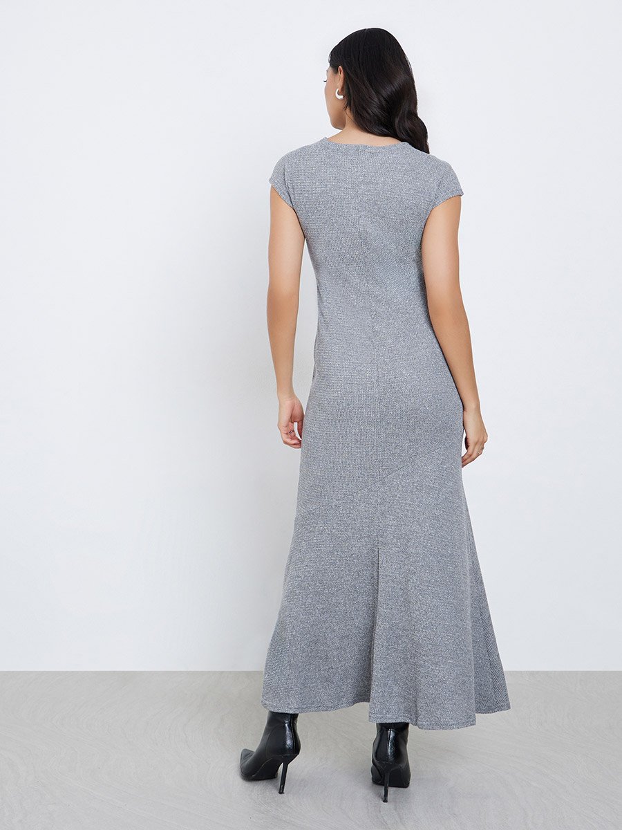 Grey Waffle Knit Maxi Dress with Cap Sleeves For Women at UAE | Styli