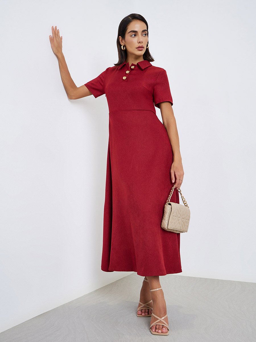 Red A-Line Maxi Dress with Short Sleeves