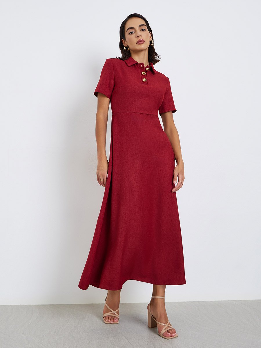 Red A-Line Maxi Dress with Short Sleeves