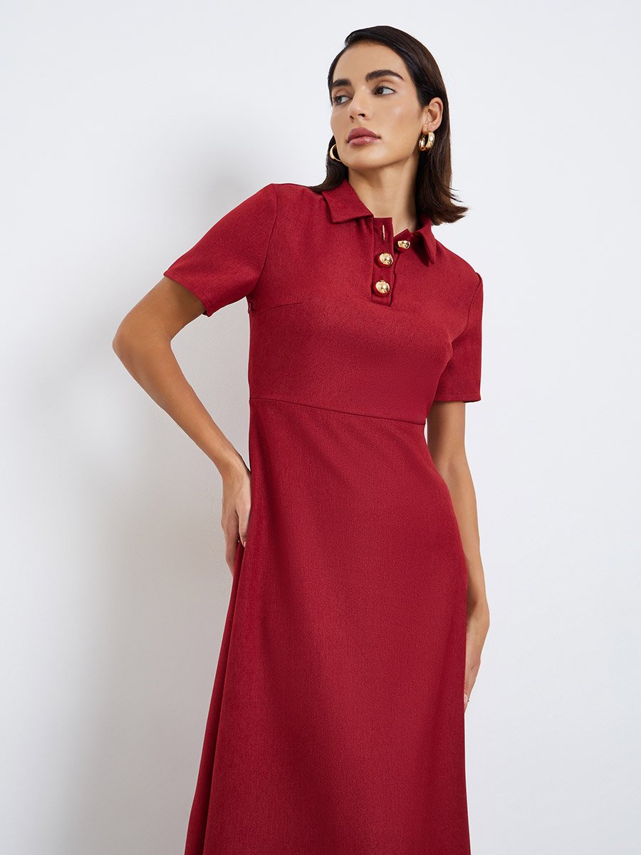 Red A-Line Maxi Dress with Short Sleeves