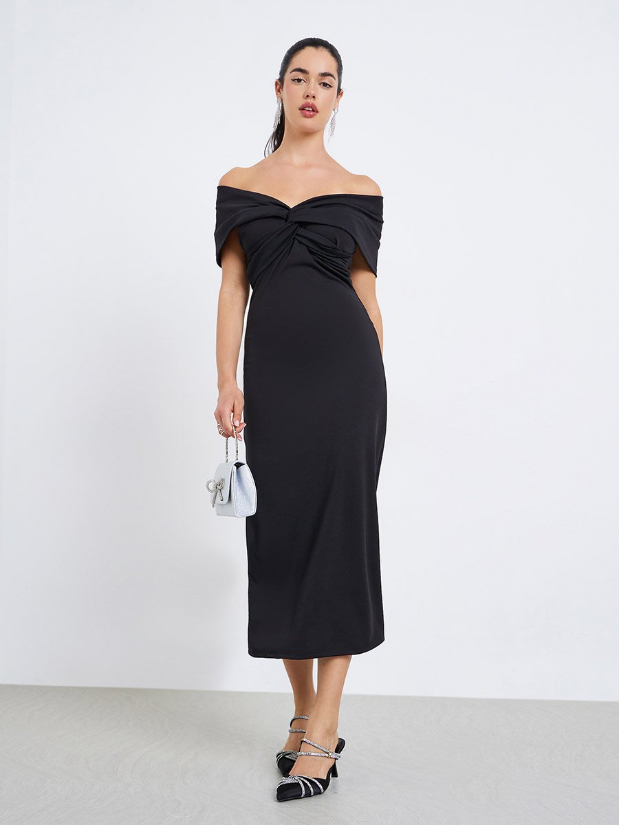 Black Twist-Front Sheath Midi Dress