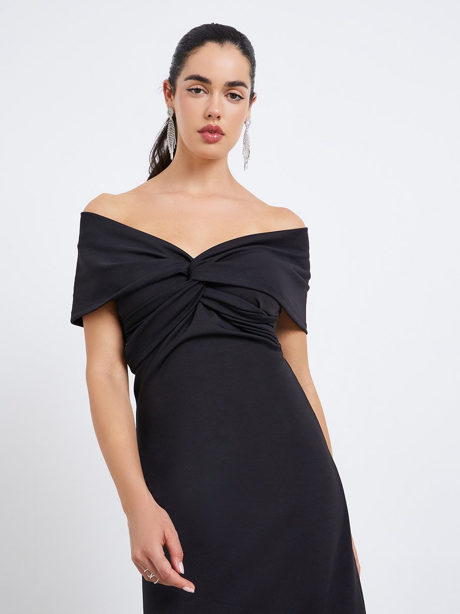 Black Twist-Front Sheath Midi Dress