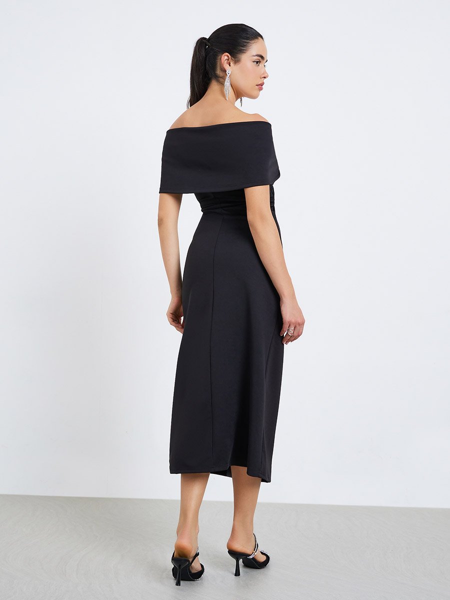 Black Twist-Front Sheath Midi Dress