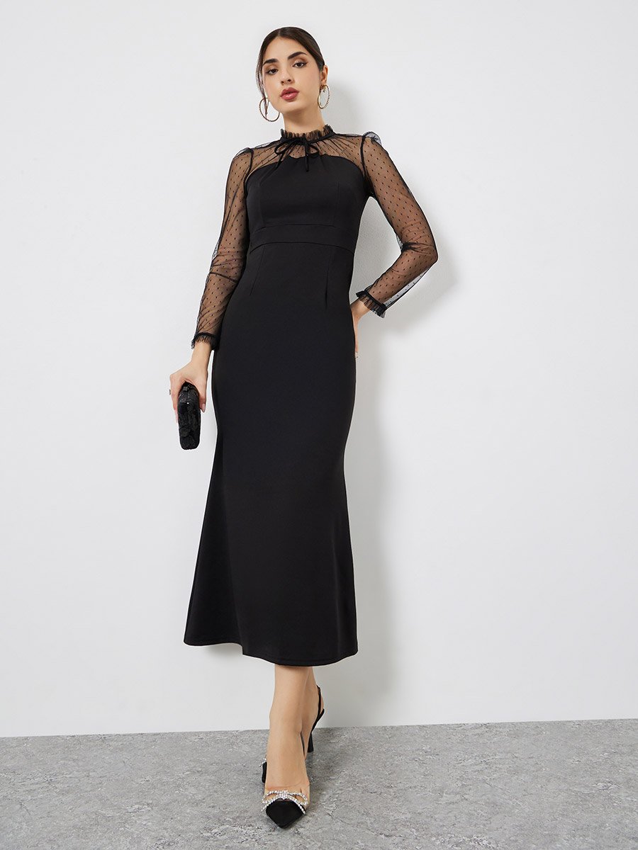 Black Mesh Sleeve Mermaid Hem Maxi Dress
