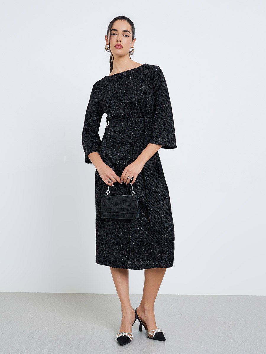 black midi dress with 3 4 sleeves 3/4 Sleeve Ruched Dress - Black
