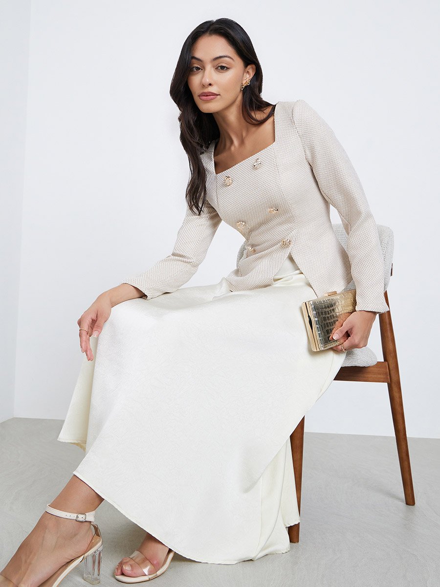 Cream Square Neck Tweed A-Line Maxi Dress