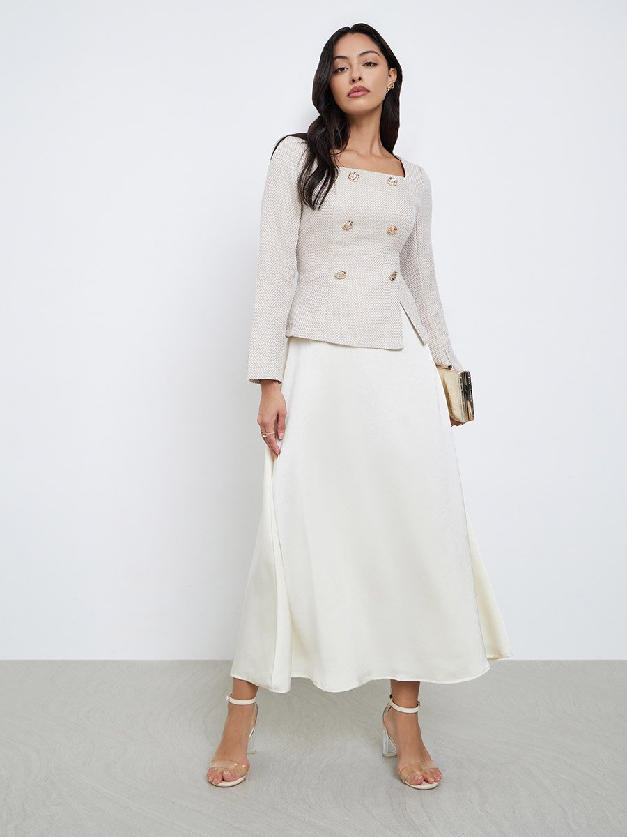 Cream Square Neck Tweed A-Line Maxi Dress