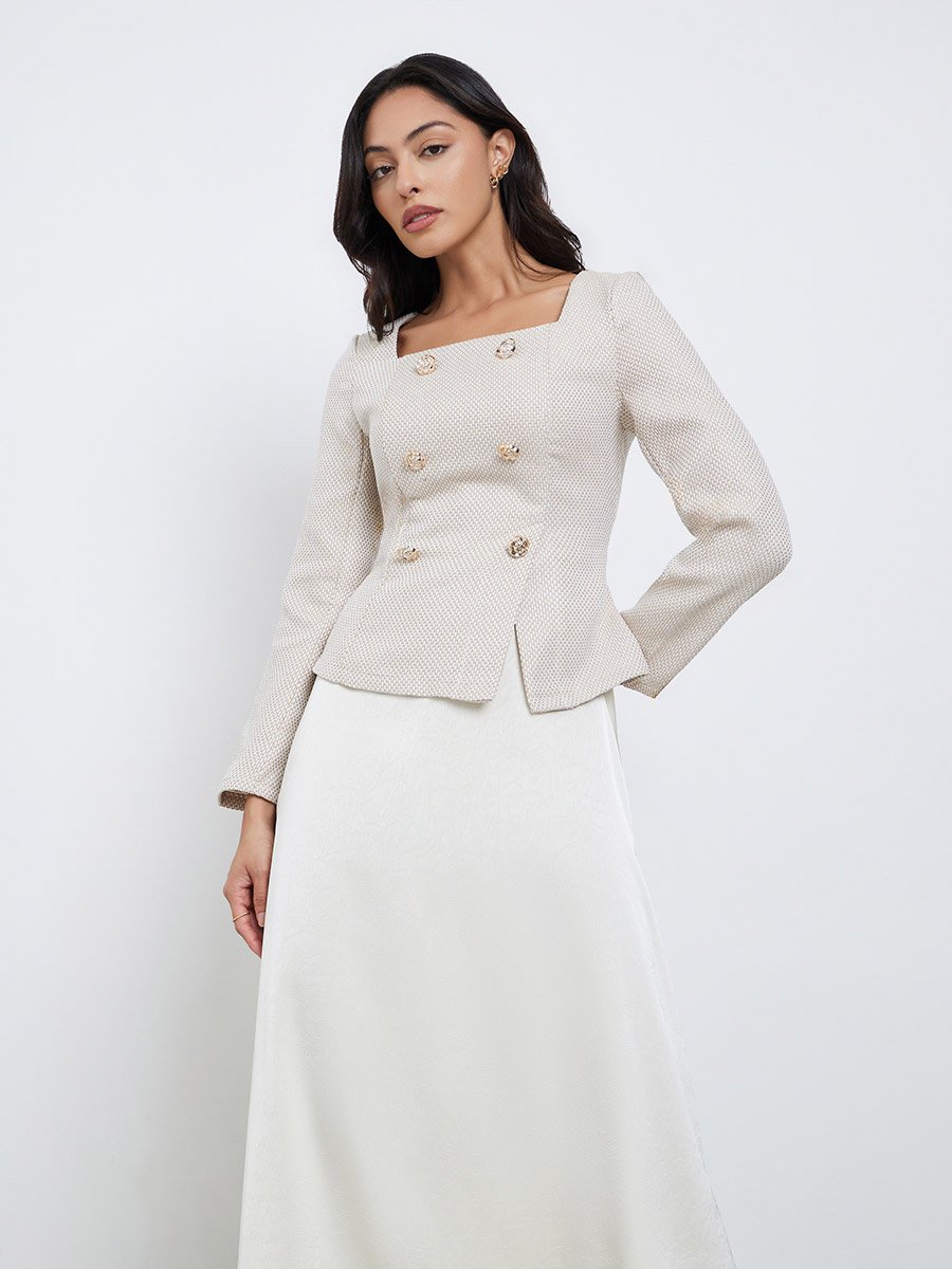 Cream Square Neck Tweed A-Line Maxi Dress