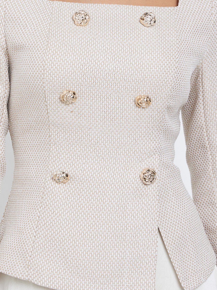 Cream Square Neck Tweed A-Line Maxi Dress