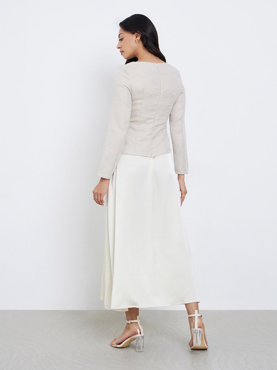 Cream Square Neck Tweed A-Line Maxi Dress