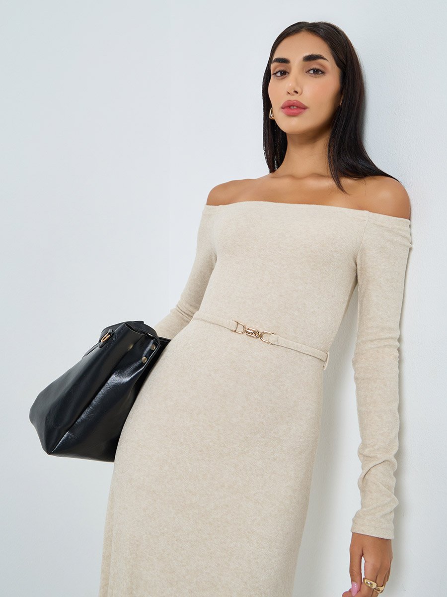 Beige Long Sleeve Maxi Sweater Dress For Women at UAE | Styli