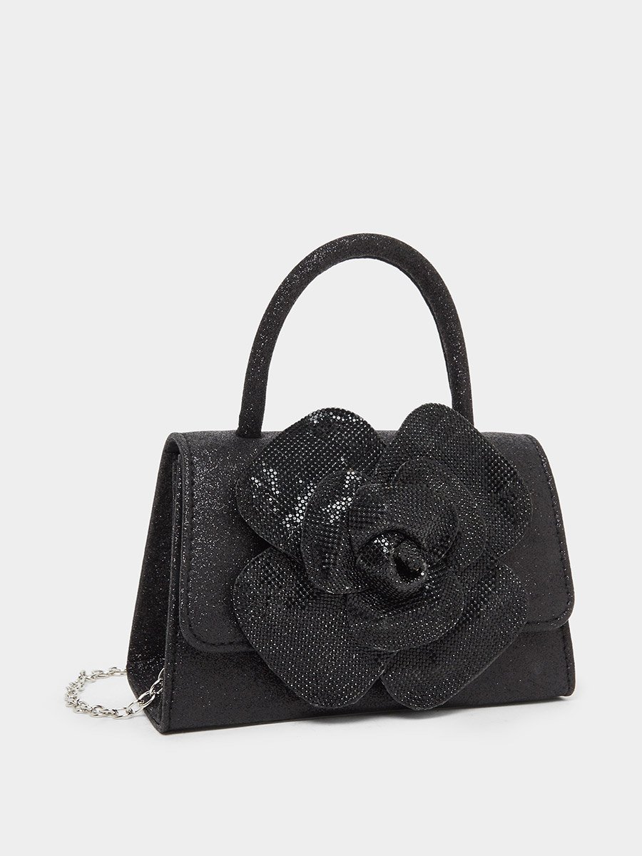 Black Floral Embellished Satchel Bag