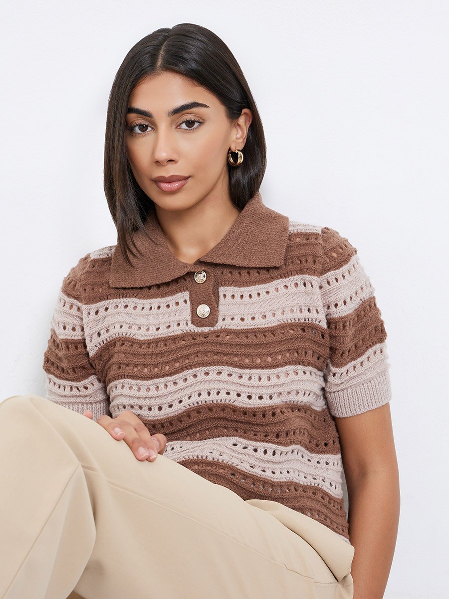 Brown Striped Hollow Knit Polo T-Shirt