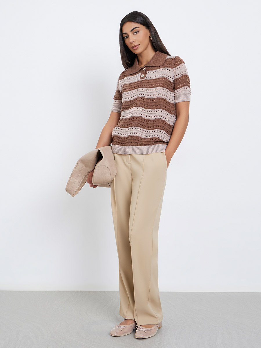 Brown Striped Hollow Knit Polo T-Shirt
