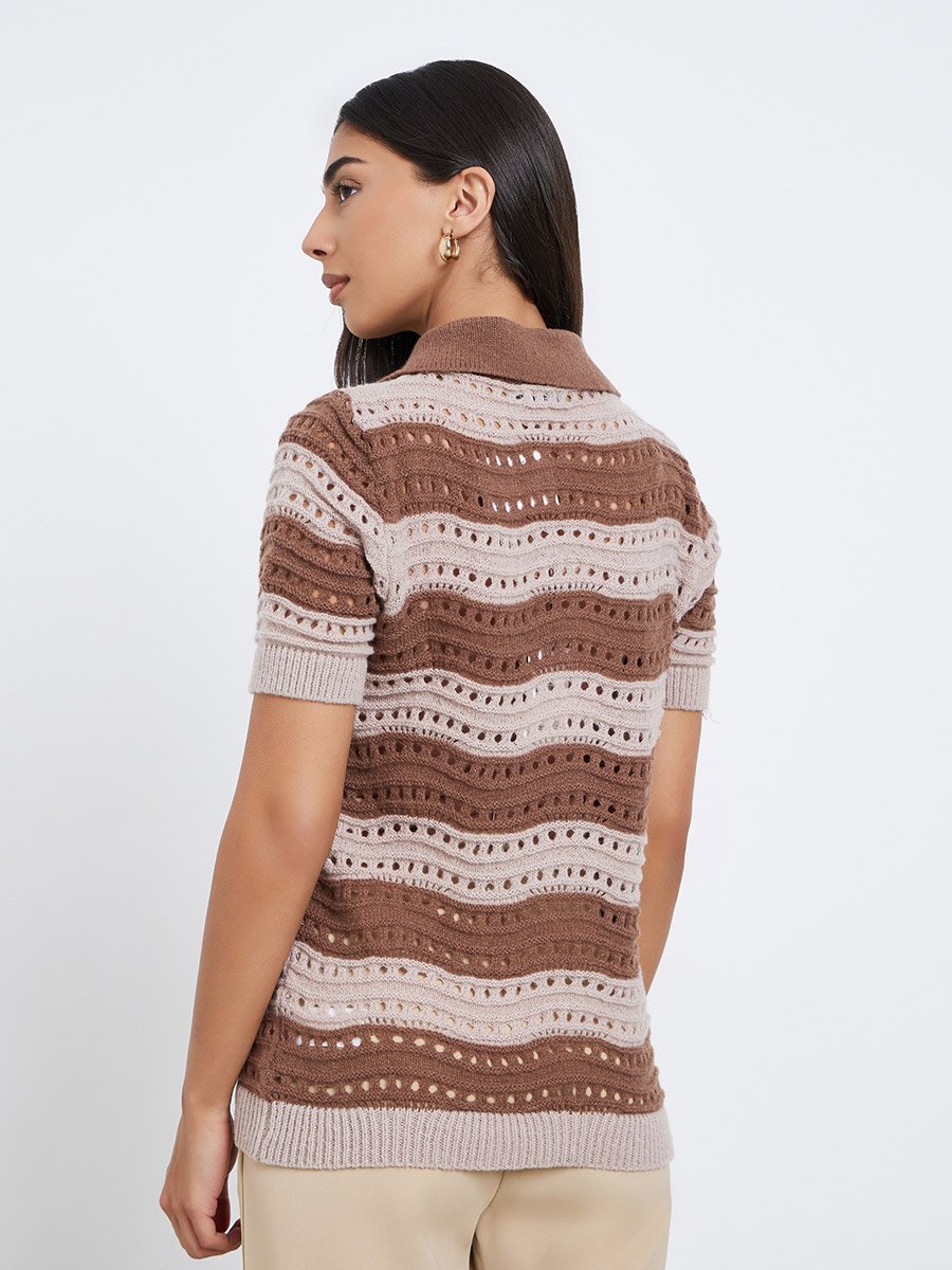 Brown Striped Hollow Knit Polo T-Shirt