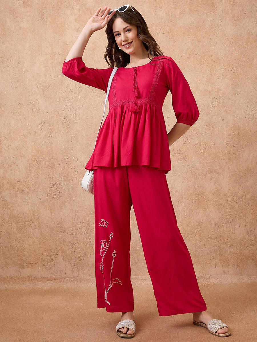 Red Lace Insert Peplum Top and Trousers Workwear Co-Ords