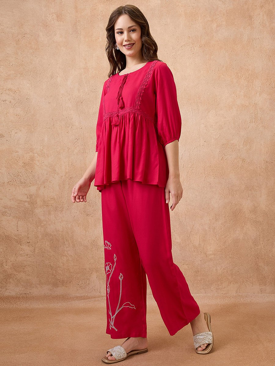 Red Lace Insert Peplum Top and Trousers Workwear Co-Ords