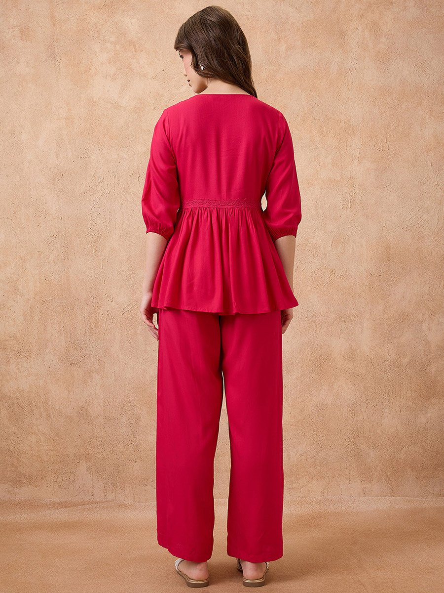 Red Lace Insert Peplum Top and Trousers Workwear Co-Ords