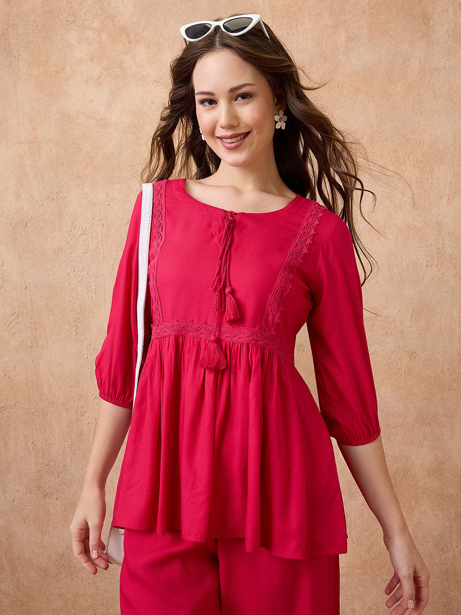 Red Lace Insert Peplum Top and Trousers Workwear Co-Ords
