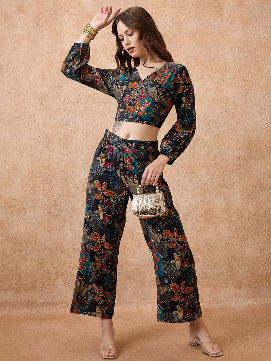 Black Floral Print Crop Top and Pants Fusion Co-Ords