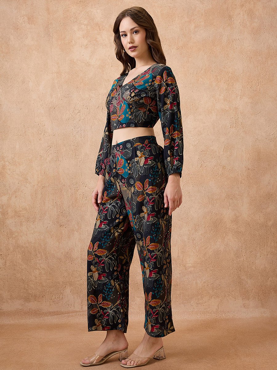 Black Floral Print Crop Top and Pants Fusion Co-Ords