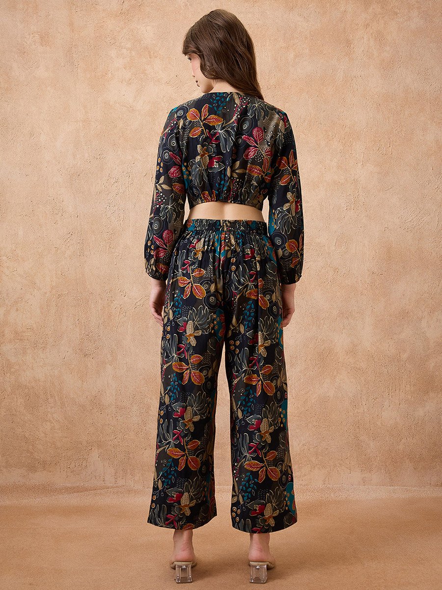 Black Floral Print Crop Top and Pants Fusion Co-Ords
