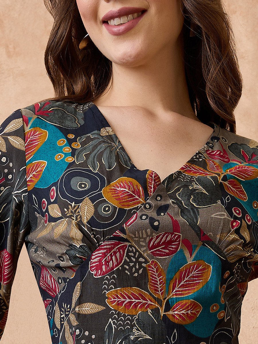 Black Floral Print Crop Top and Pants Fusion Co-Ords