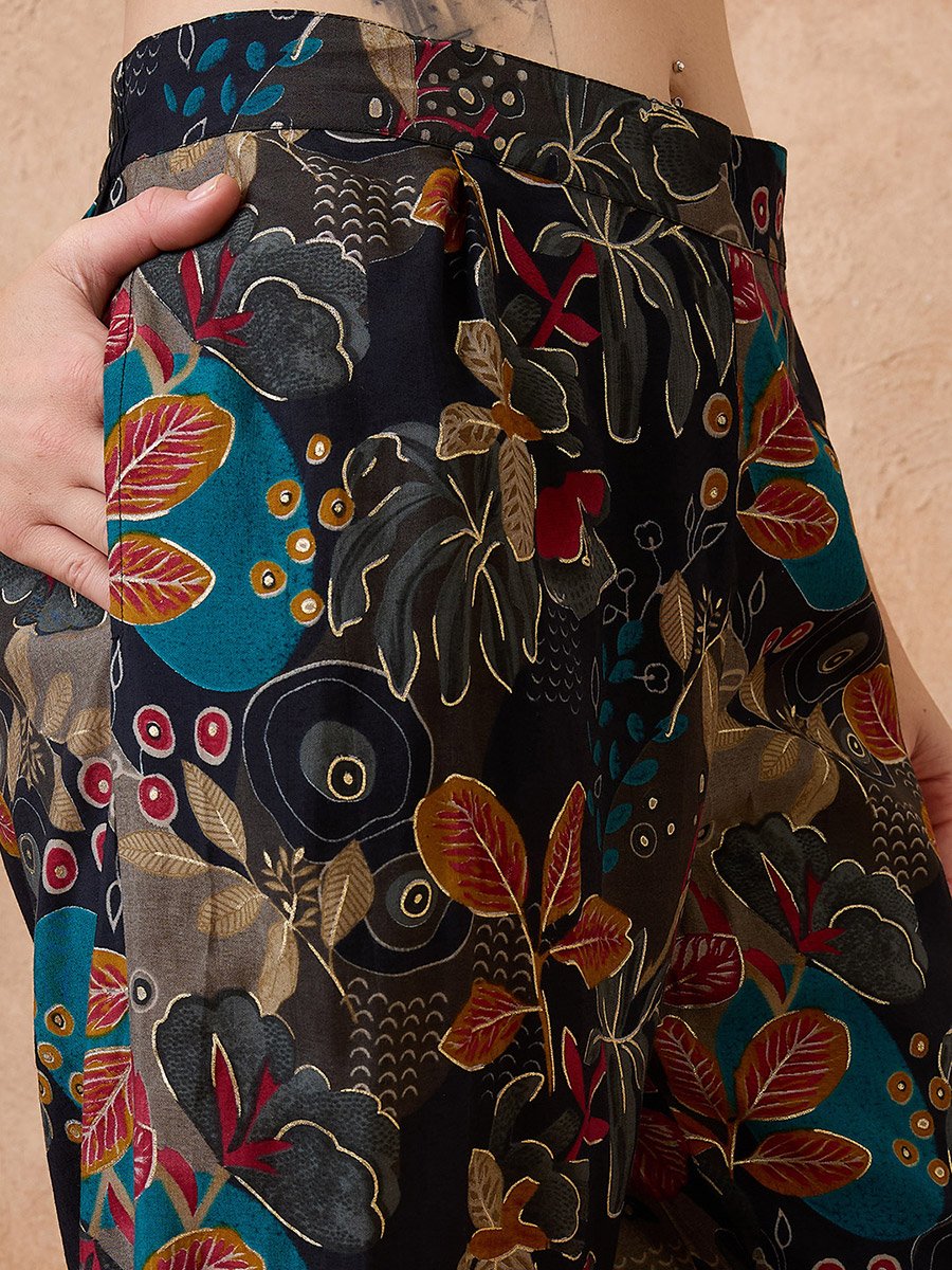 Black Floral Print Crop Top and Pants Fusion Co-Ords