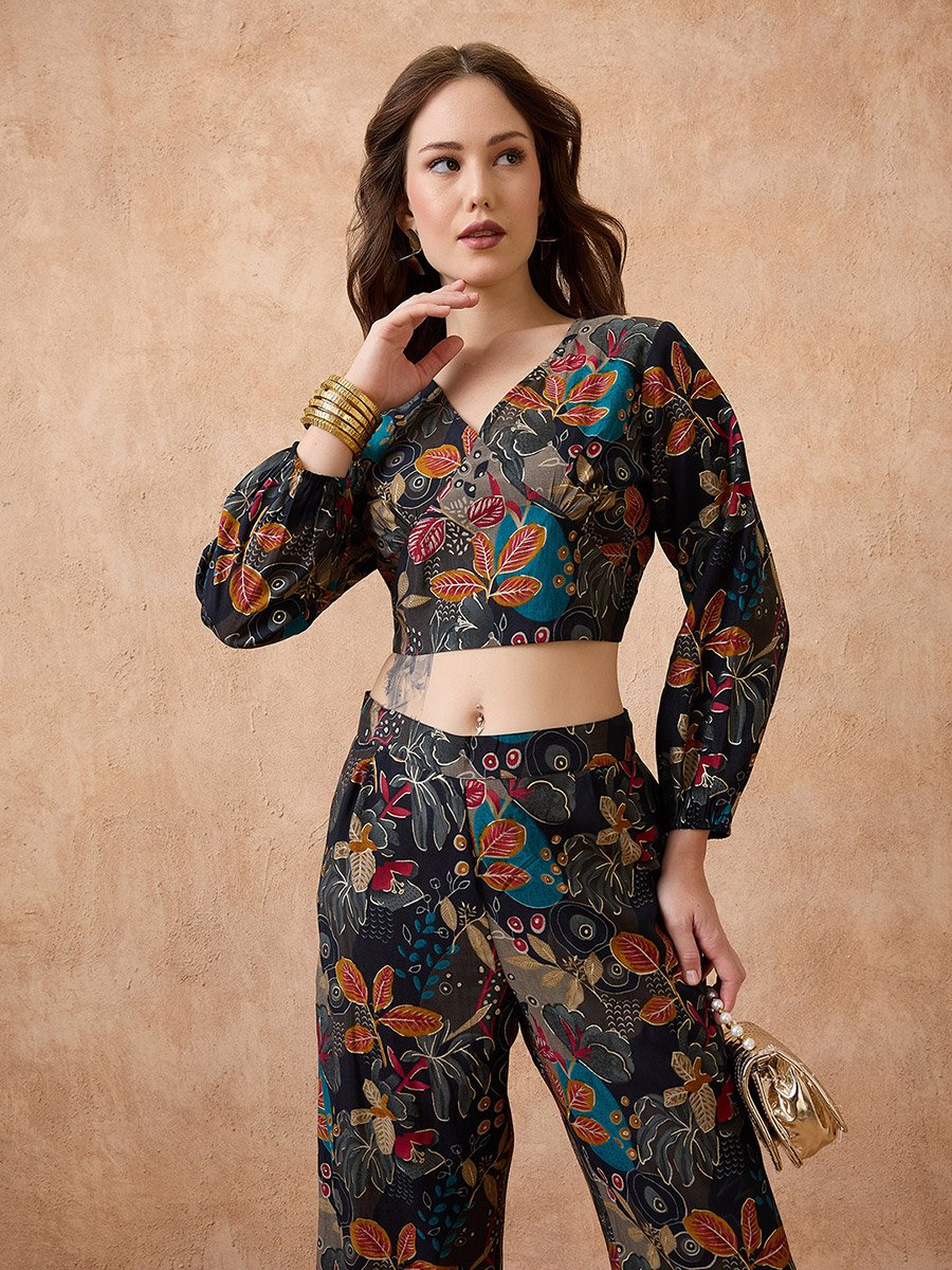 Black Floral Print Crop Top and Pants Fusion Co-Ords
