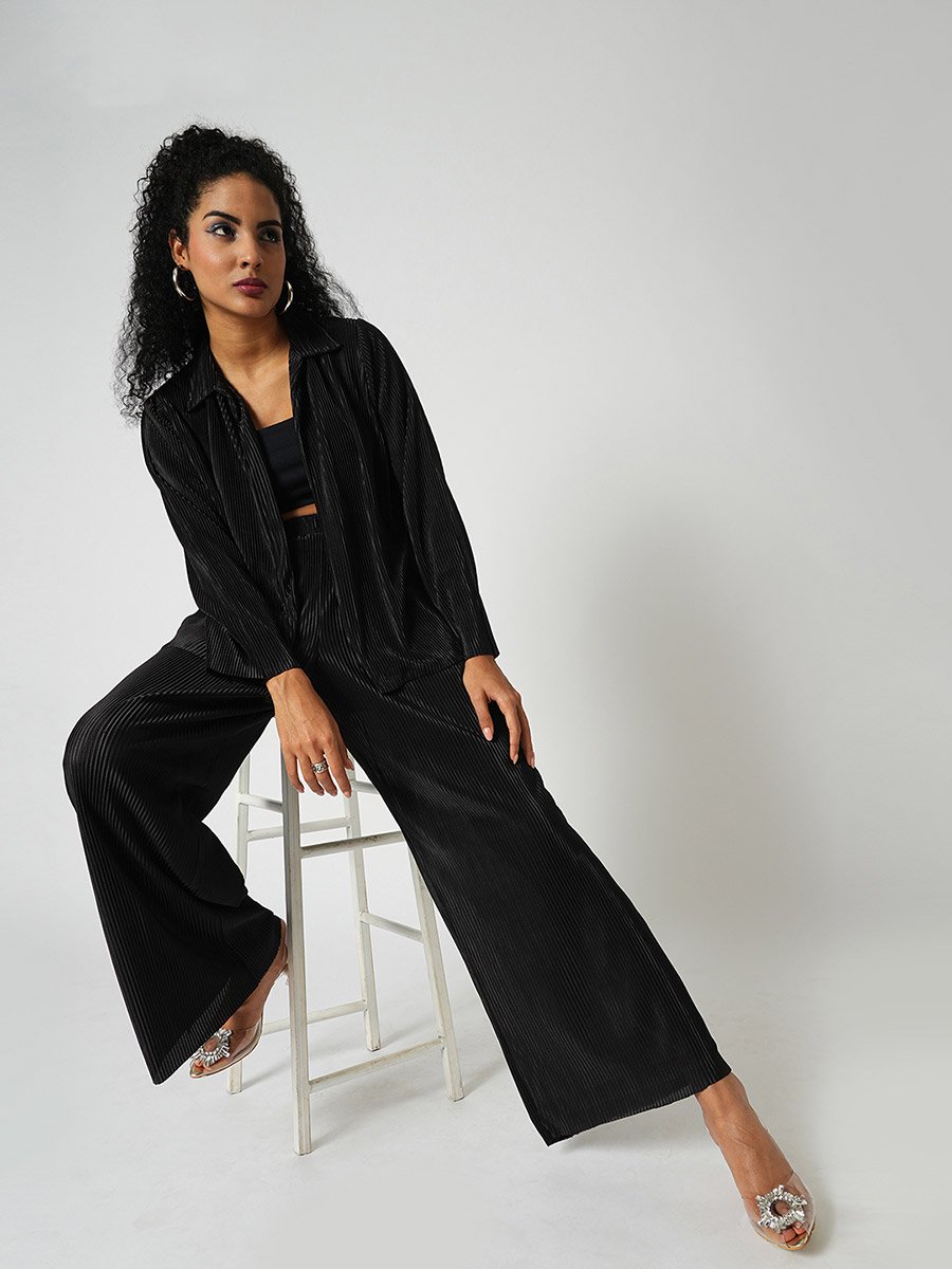 Black Accordion Plisse Shirt and Trousers Co-Ords