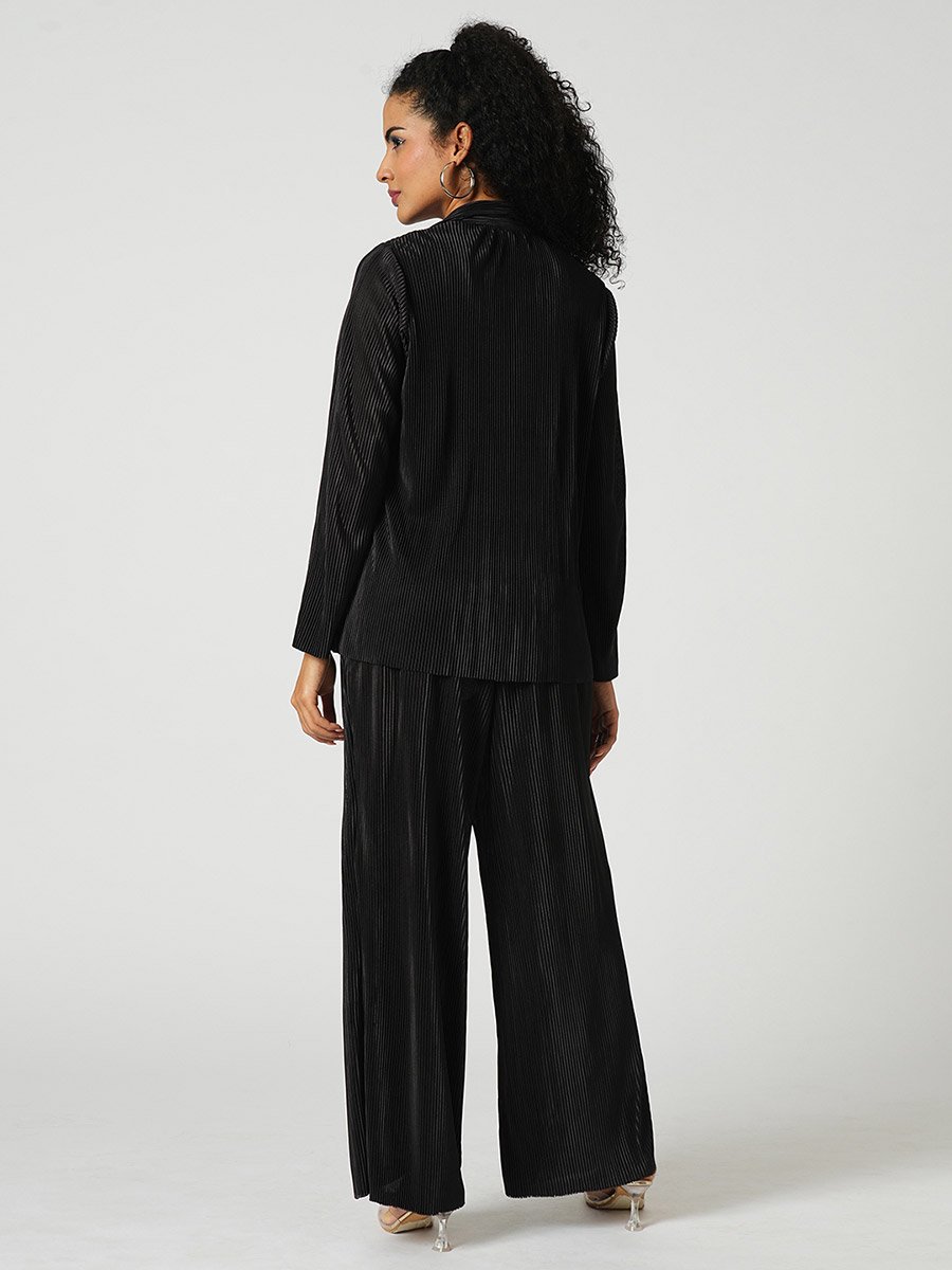 Black Accordion Plisse Shirt and Trousers Co-Ords