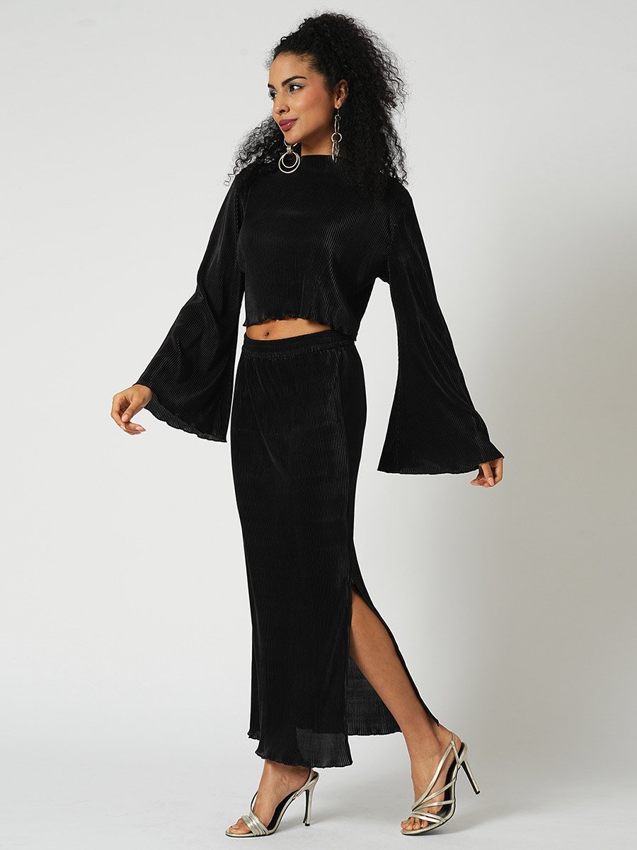 Black Accordion Pleats Crop Top and Skirt Co-Ords
