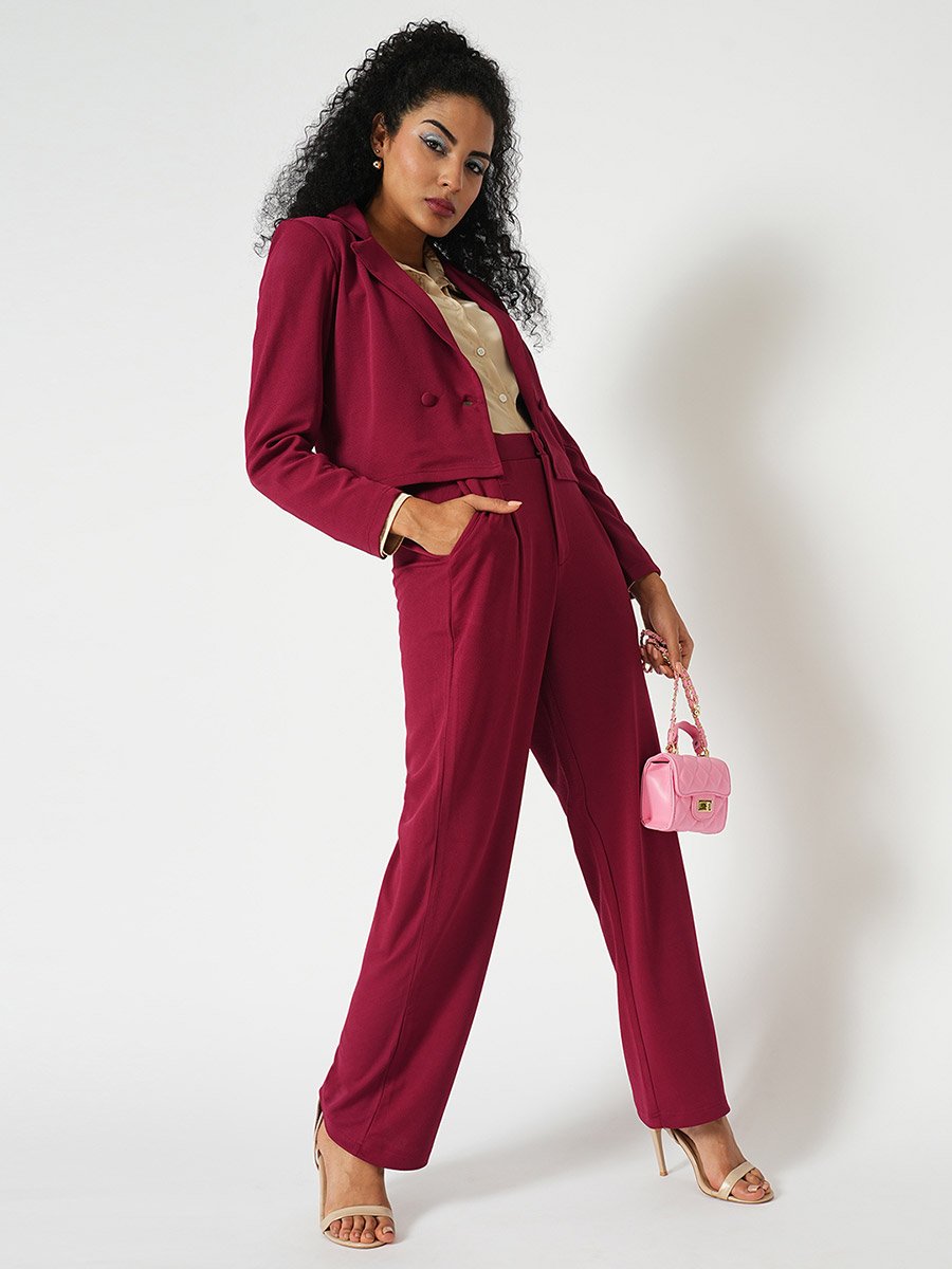 Maroon Stretchable Crop Blazer and Trousers Workwear Co-Ords