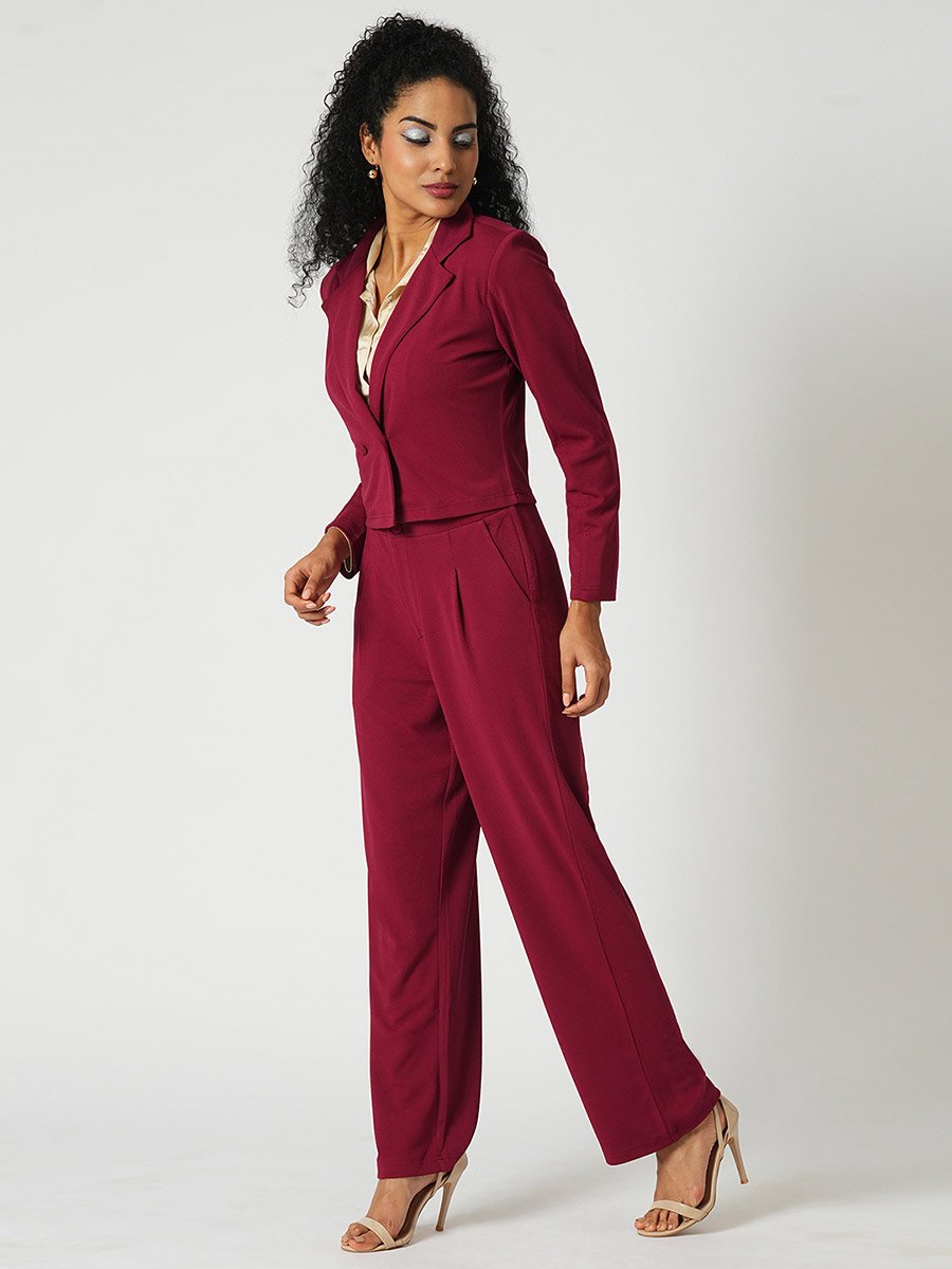 Maroon Stretchable Crop Blazer and Trousers Workwear Co-Ords
