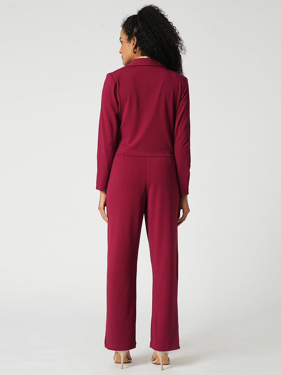 Maroon Stretchable Crop Blazer and Trousers Workwear Co-Ords