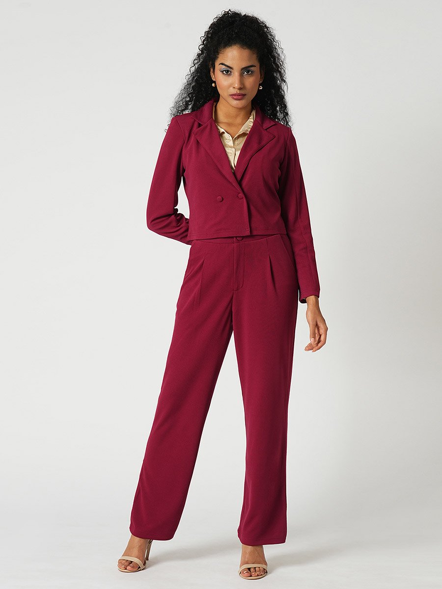 Maroon Stretchable Crop Blazer and Trousers Workwear Co-Ords