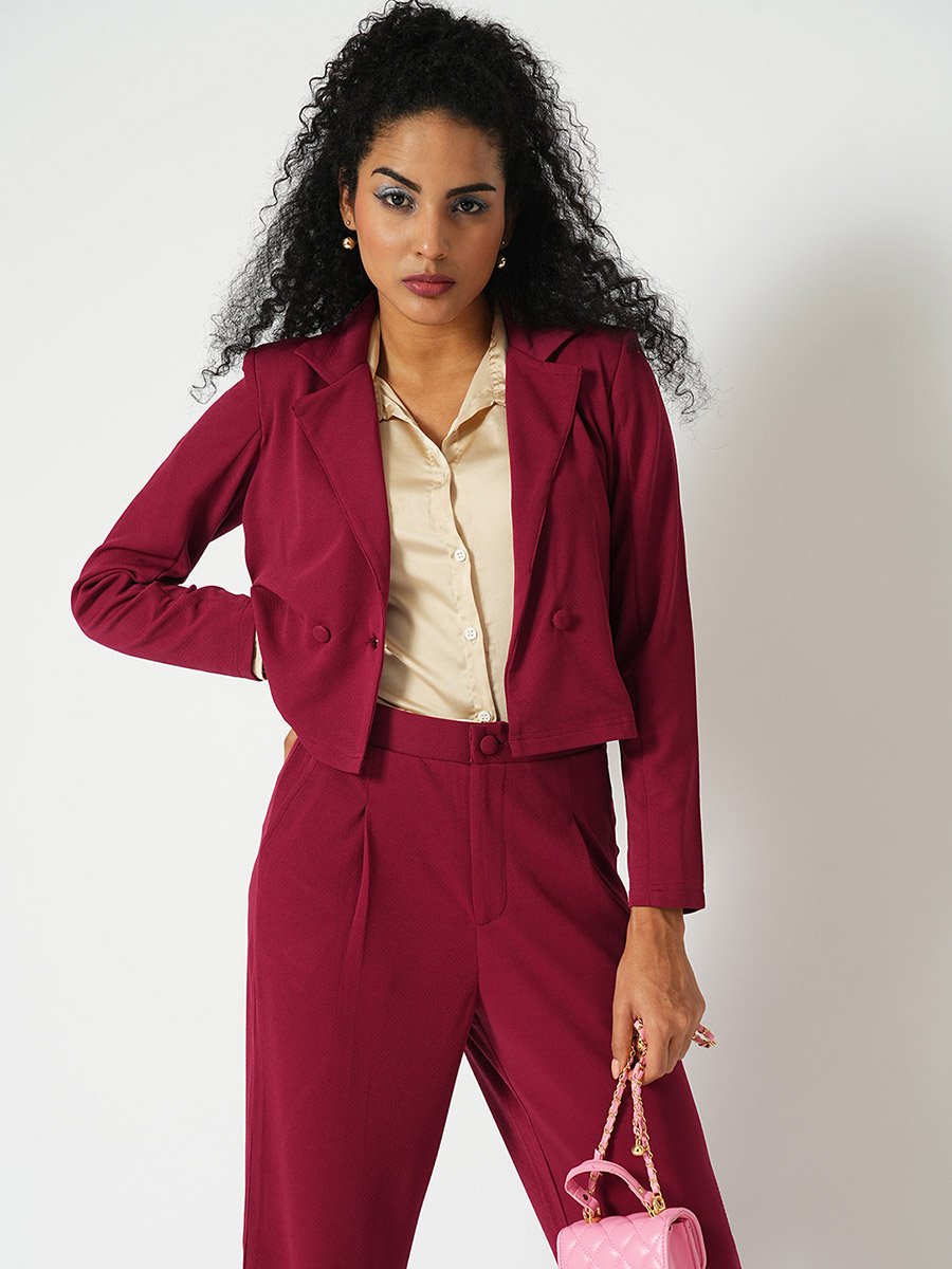 Maroon Stretchable Crop Blazer and Trousers Workwear Co-Ords