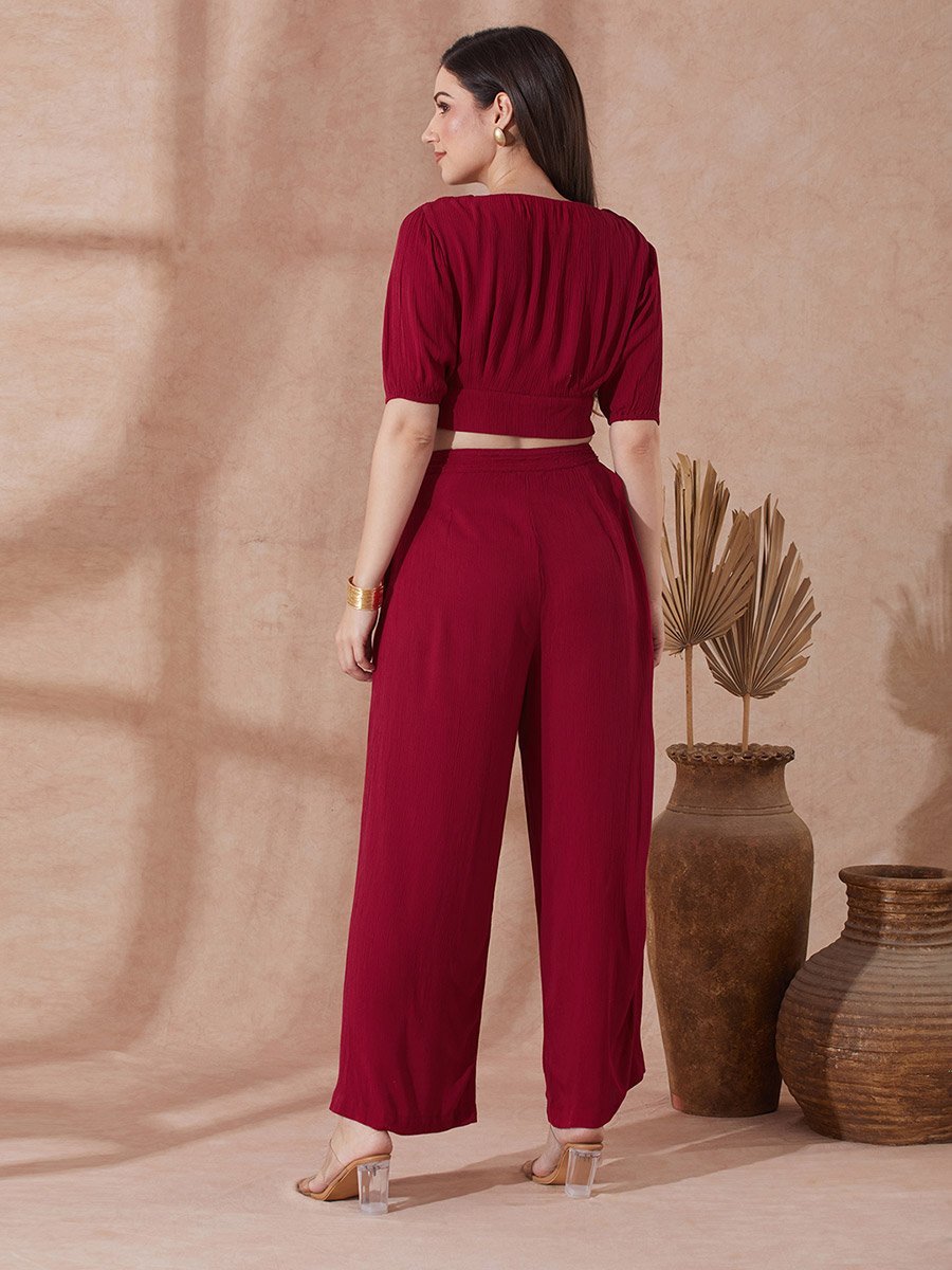 Red Button Detail Crop Top and Wide Leg Trousers Co-Ords