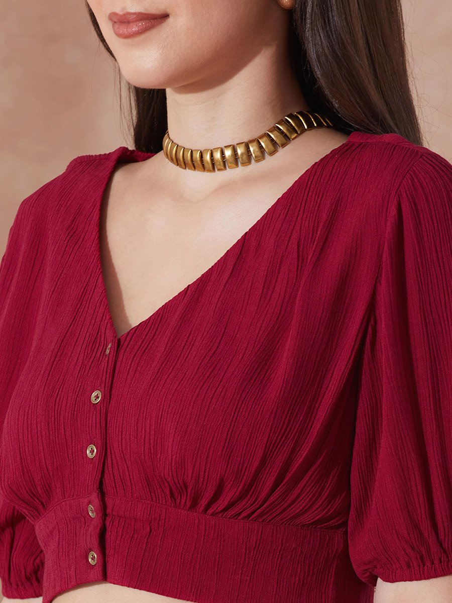 Red Button Detail Crop Top and Wide Leg Trousers Co-Ords