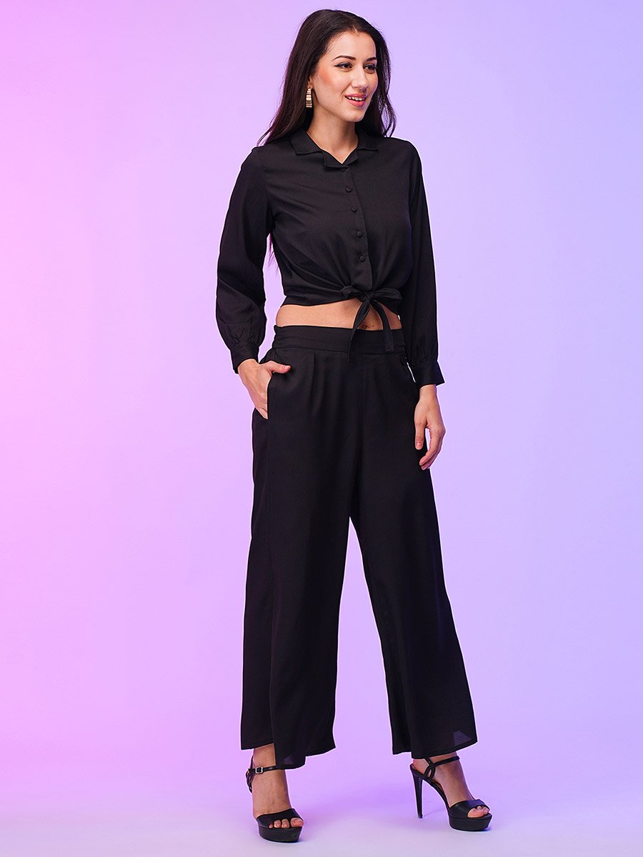 Black Front Tie Up Shirt and Palazzos Co-Ords