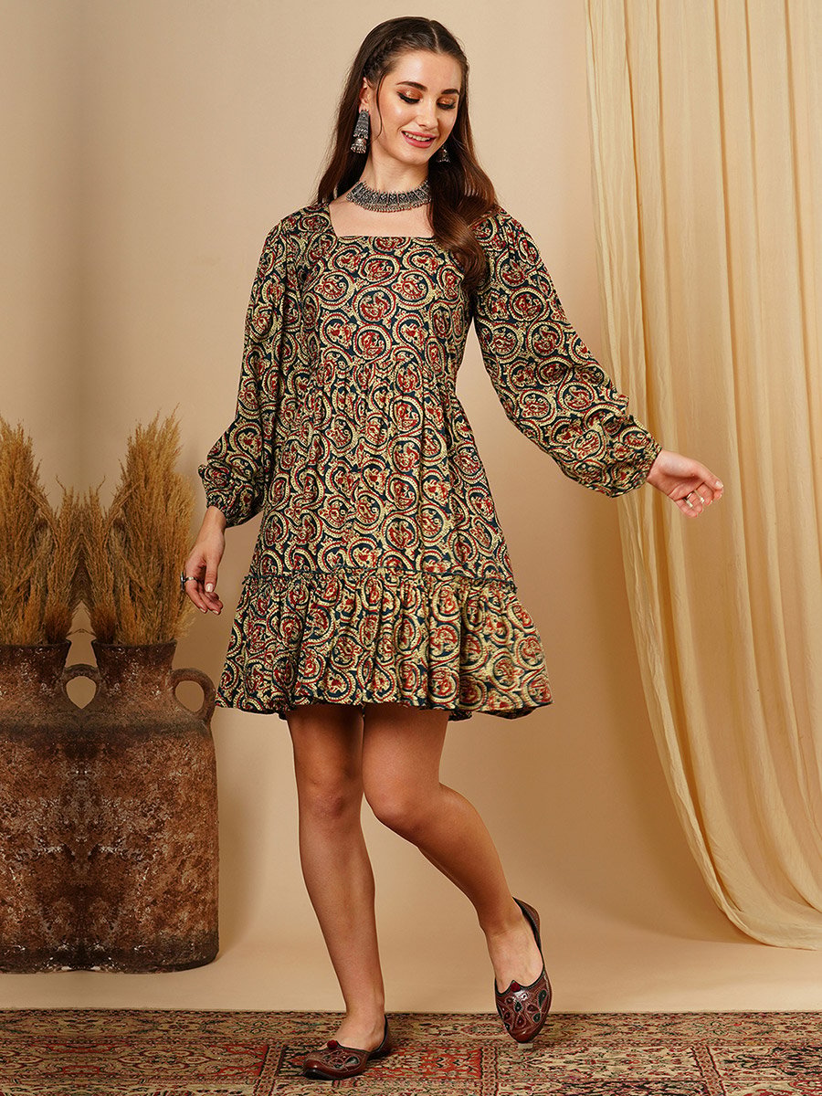 Multi Square Neck Ethnic Motifs Fusion Mini Dress