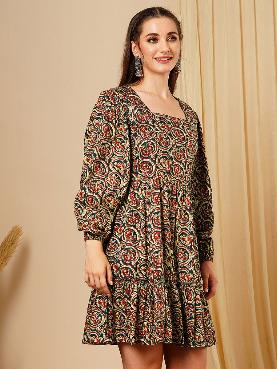 Multi Square Neck Ethnic Motifs Fusion Mini Dress